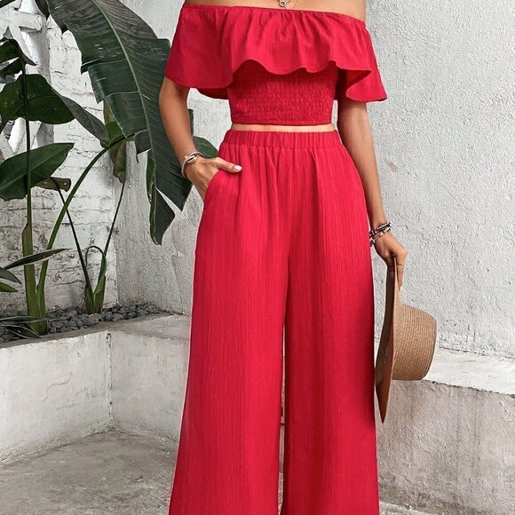 Red Boho Womens Off Shoulder Ruffle Trim Top & Wide Leg Pants - Picture 3 of 5